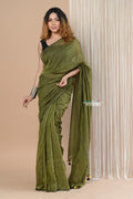 Very Much Indian Designer Pure Cotton Sarees with All over Linear Stripes - Pine Green