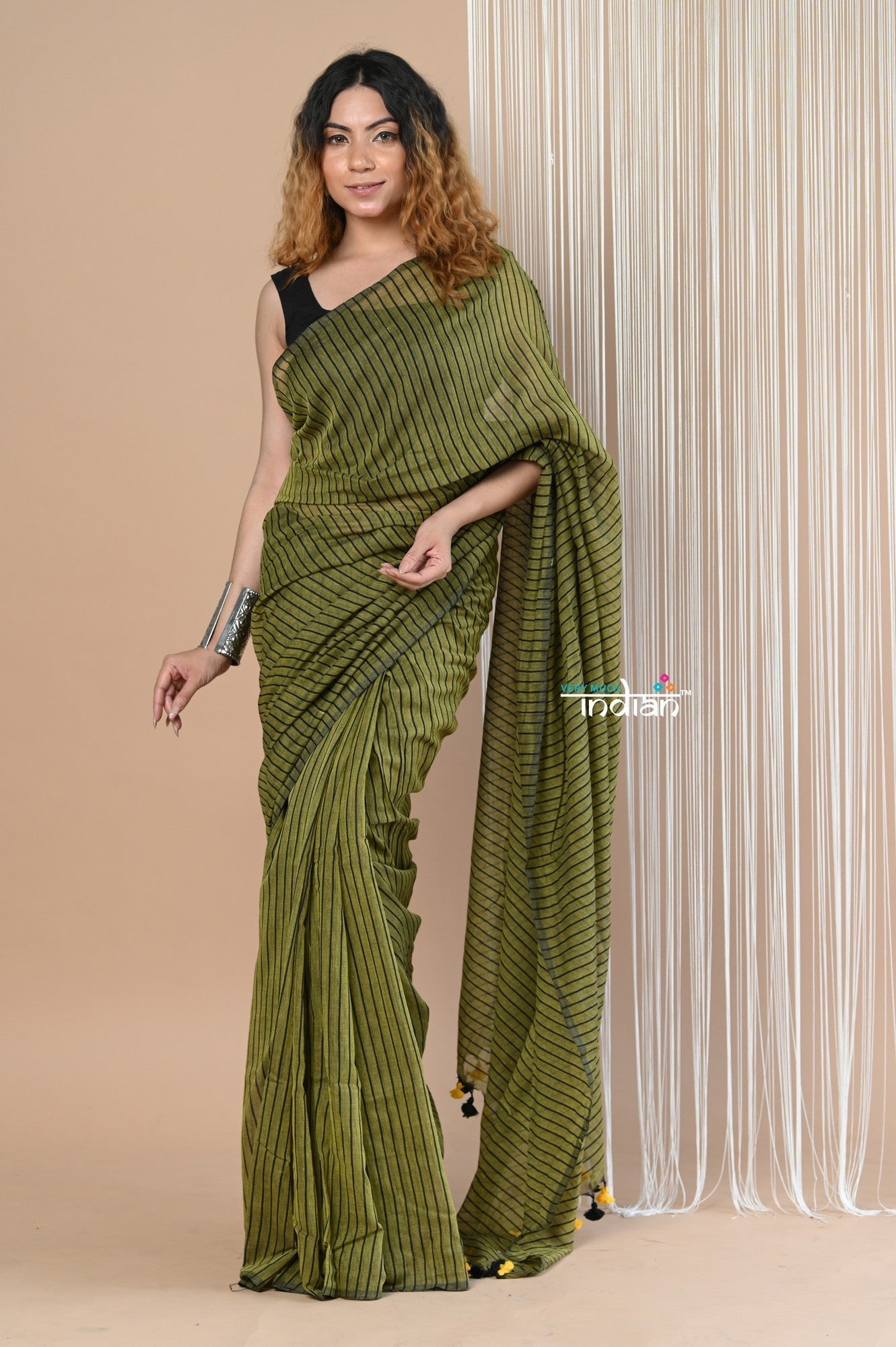 Very Much Indian Designer Pure Cotton Sarees with All over Linear Stripes - Pine Green
