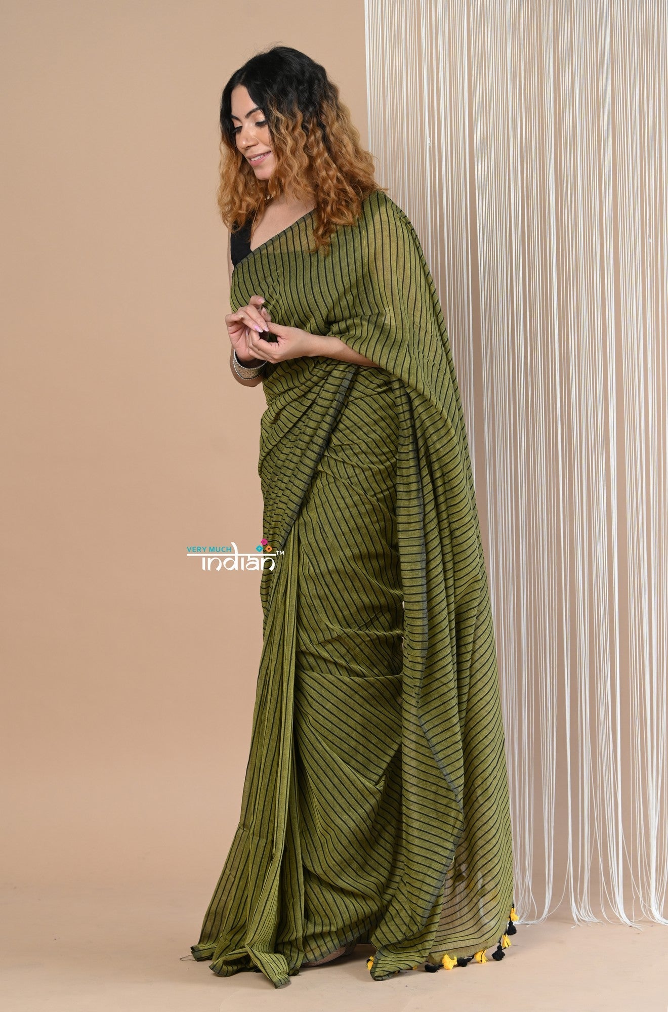 Very Much Indian Designer Pure Cotton Sarees with All over Linear Stripes - Pine Green