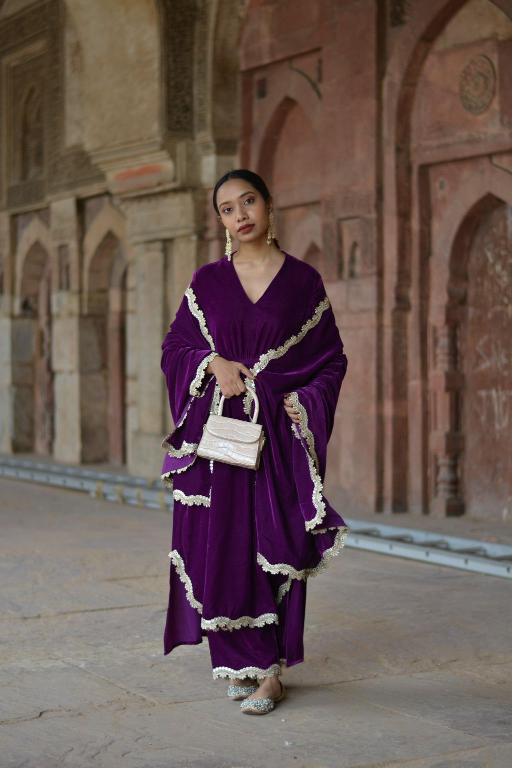 trueBrowns Wine Velvet Lace Kurta Pant Set