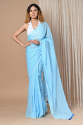 Very Much Indian Designer Pure Cotton Sarees with All over Linear Stripes - Sky Blue