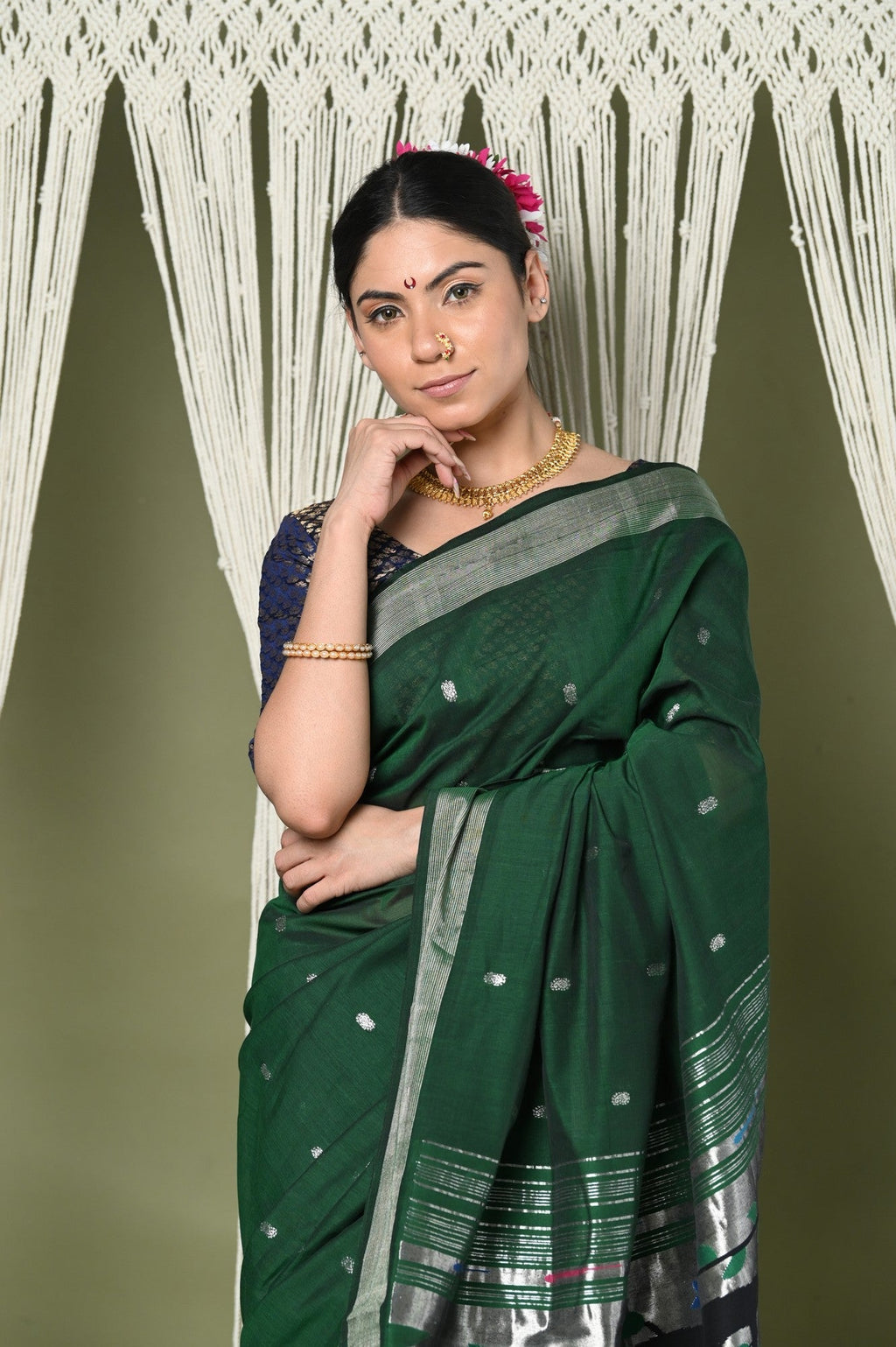 Very Much Indian EXCLUSIVE! Silver Zari Handloom High Quality Pure Cotton Paithani Radha Krishna Pallu