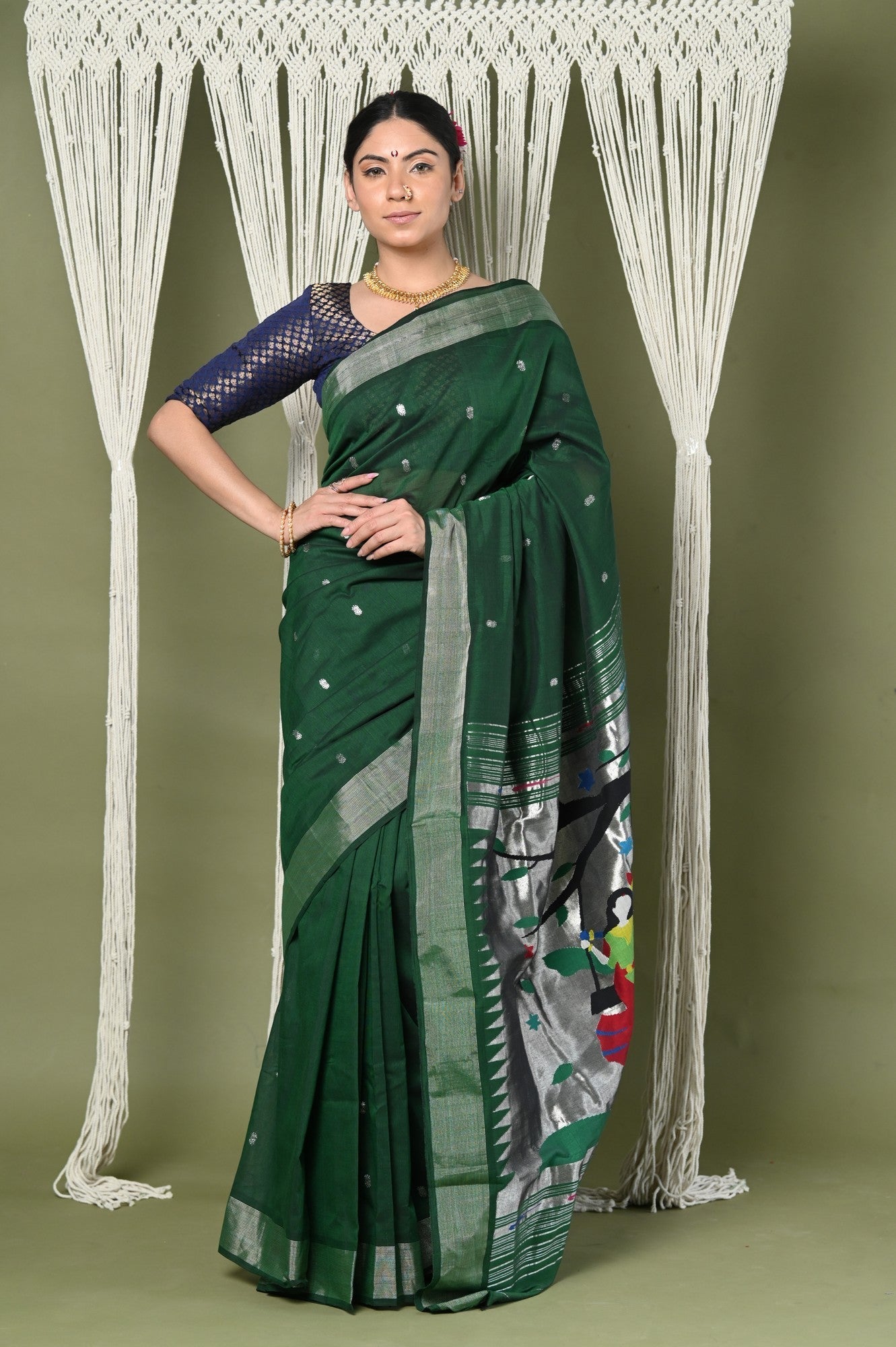 Very Much Indian EXCLUSIVE! Silver Zari Handloom High Quality Pure Cotton Paithani Radha Krishna Pallu