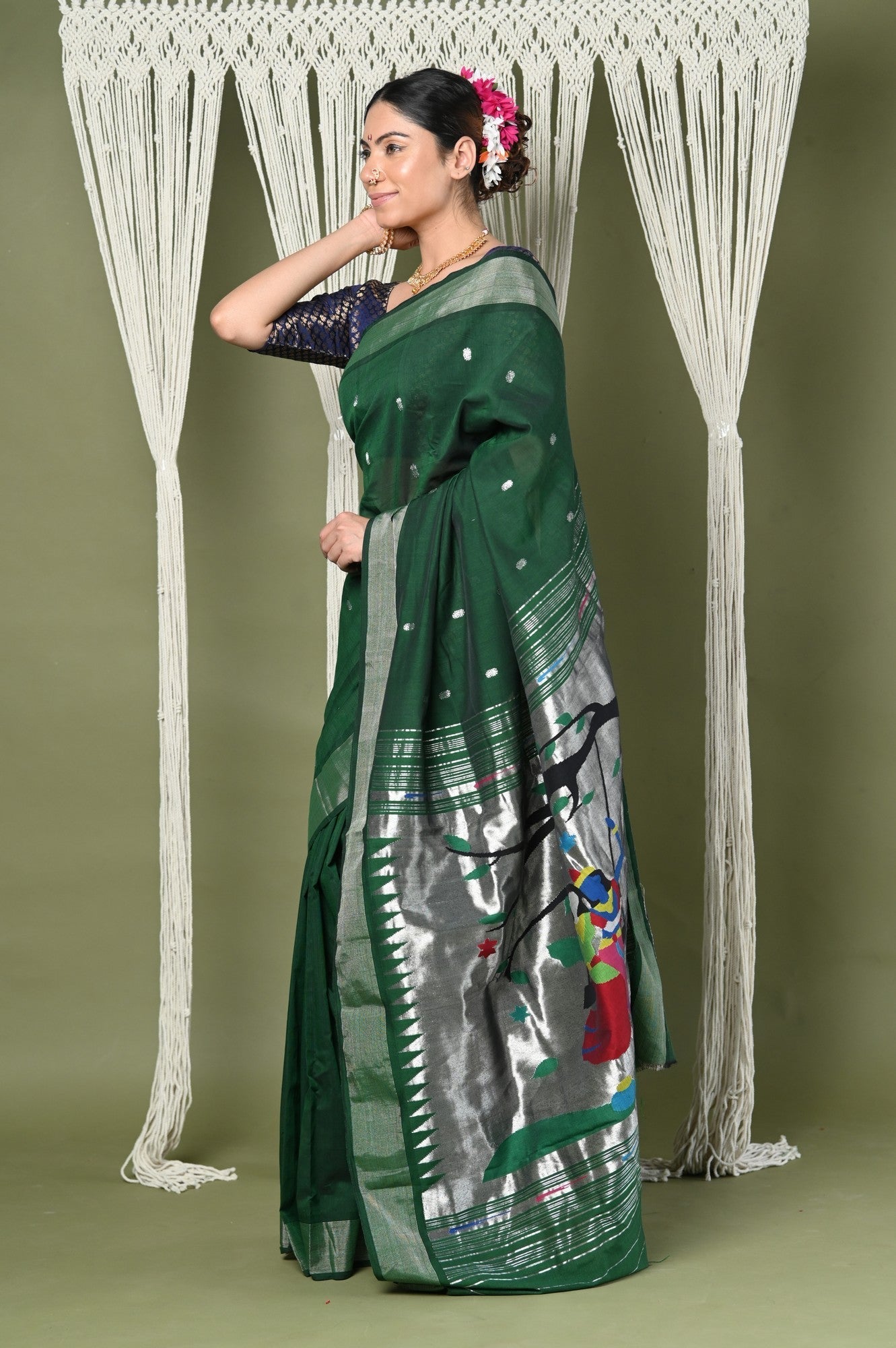 Very Much Indian EXCLUSIVE! Silver Zari Handloom High Quality Pure Cotton Paithani Radha Krishna Pallu