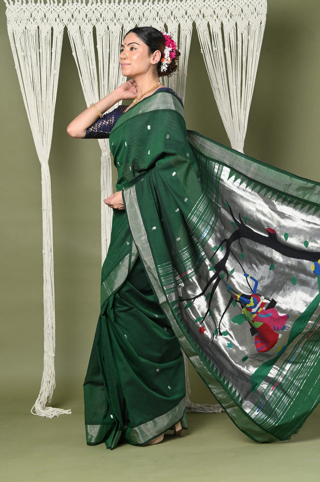 Very Much Indian EXCLUSIVE! Silver Zari Handloom High Quality Pure Cotton Paithani Radha Krishna Pallu