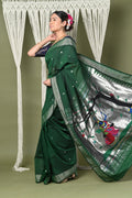 Very Much Indian EXCLUSIVE! Silver Zari Handloom High Quality Pure Cotton Paithani Radha Krishna Pallu