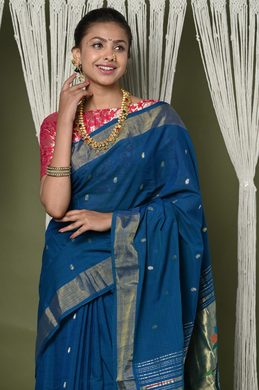 Very Much Indian EXCLUSIVE! Handloom Pure Cotton Paithani With Peacock Pallu - Teal Blue