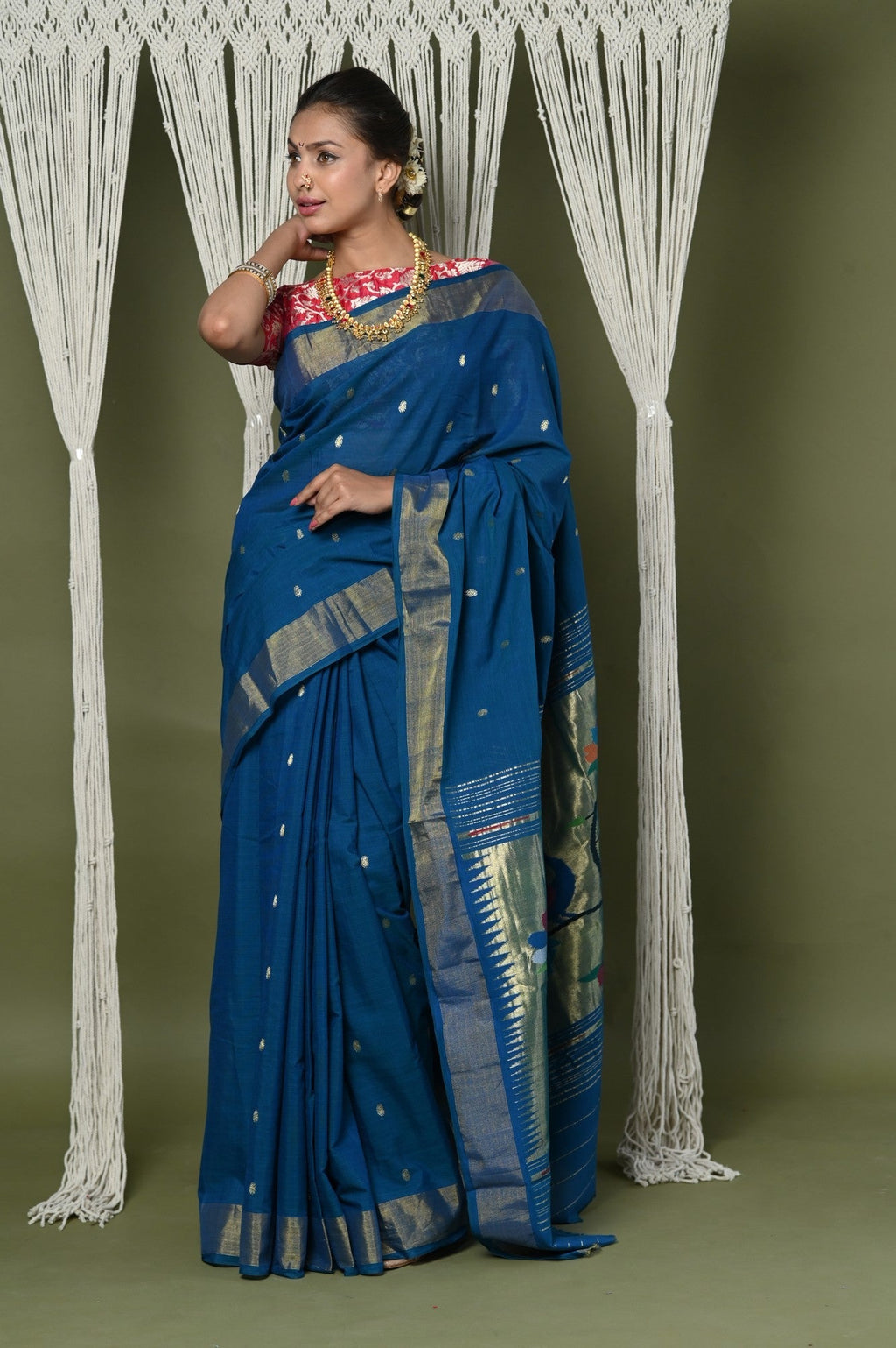 Very Much Indian EXCLUSIVE! Handloom Pure Cotton Paithani With Peacock Pallu - Teal Blue