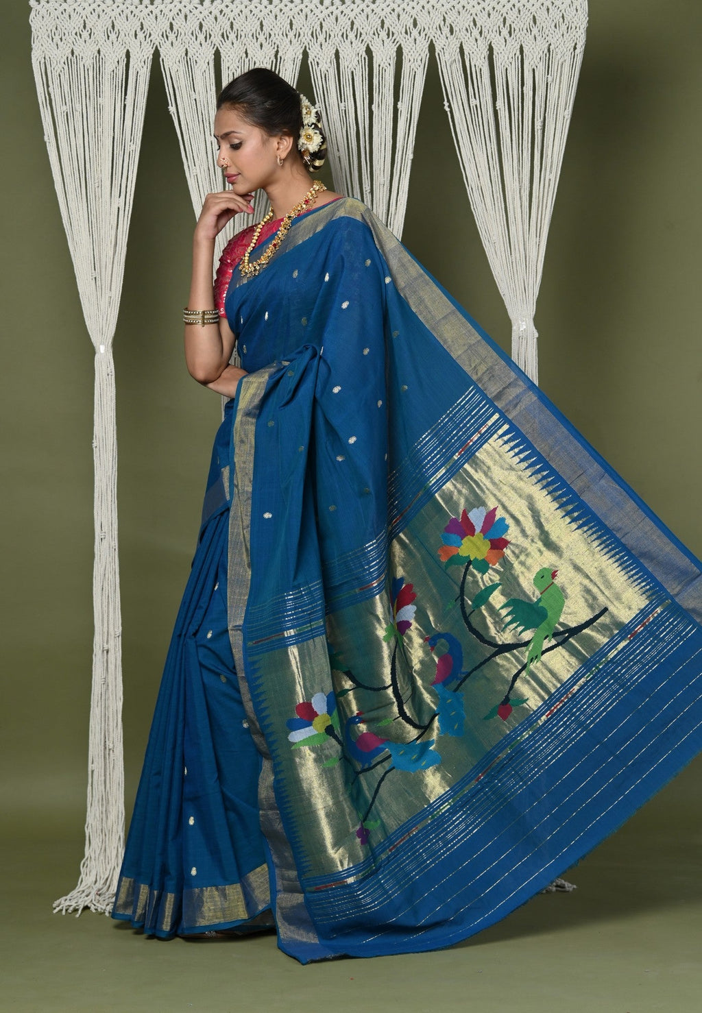 Very Much Indian EXCLUSIVE! Handloom Pure Cotton Paithani With Peacock Pallu - Teal Blue