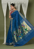 Very Much Indian EXCLUSIVE! Handloom Pure Cotton Paithani With Peacock Pallu - Teal Blue