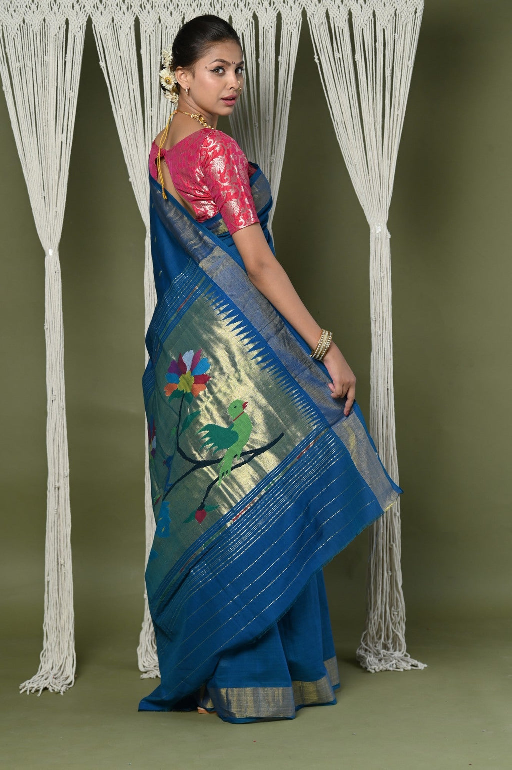Very Much Indian EXCLUSIVE! Handloom Pure Cotton Paithani With Peacock Pallu - Teal Blue