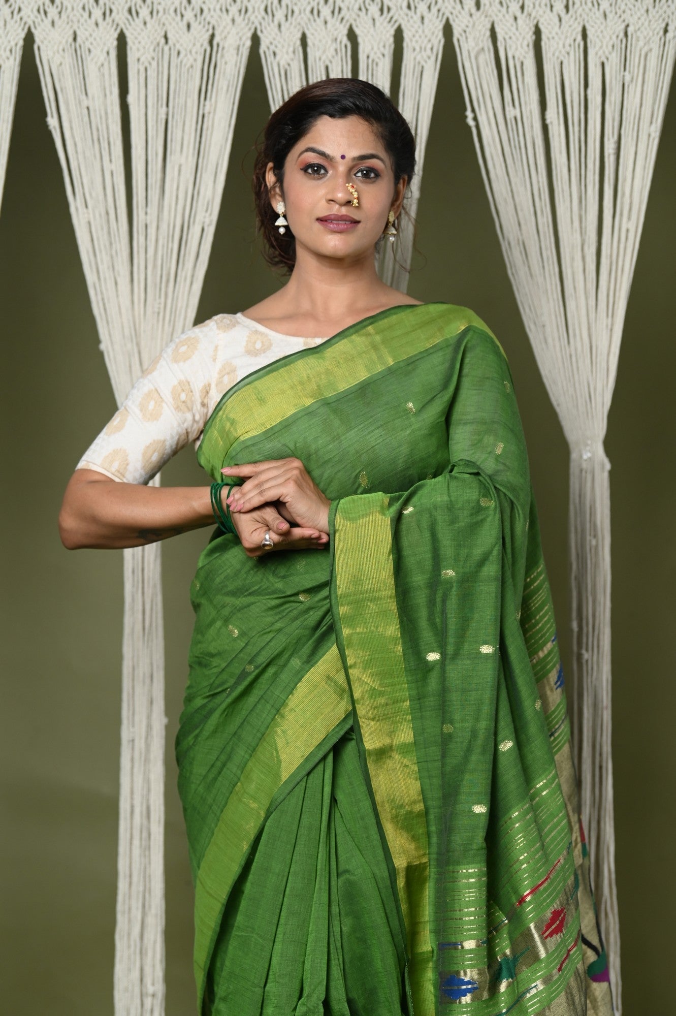 Very Much Indian EXCLUSIVE! Handloom Pure Cotton Paithani With Peacock Pallu - Blade Green