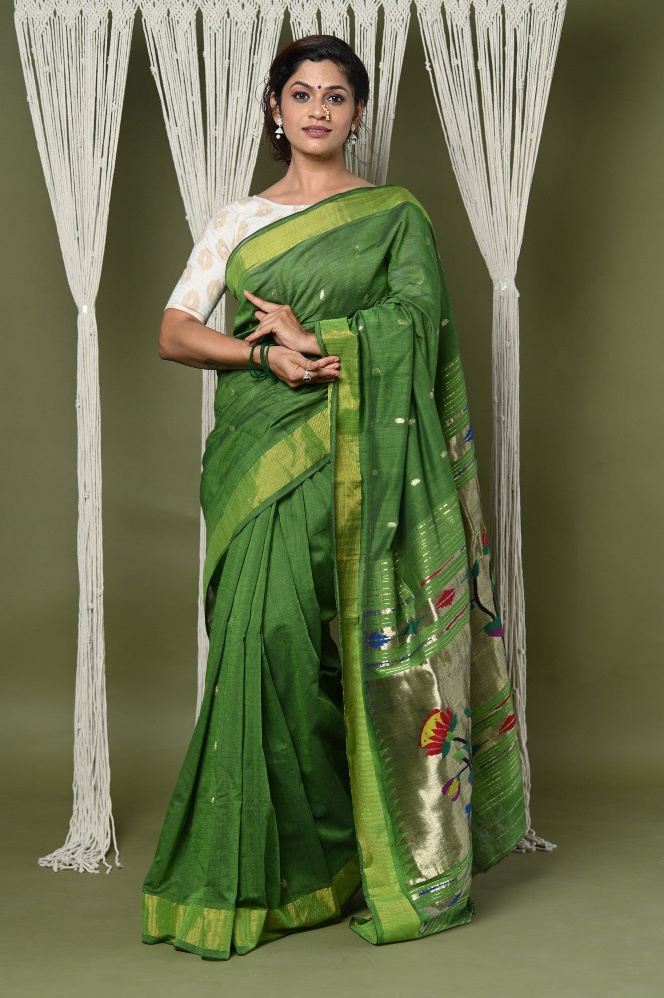 Very Much Indian EXCLUSIVE! Handloom Pure Cotton Paithani With Peacock Pallu - Blade Green