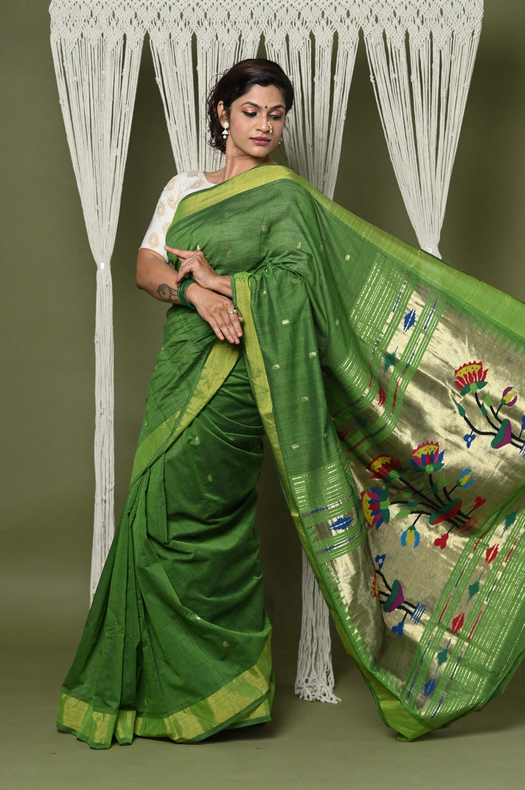 Very Much Indian EXCLUSIVE! Handloom Pure Cotton Paithani With Peacock Pallu - Blade Green
