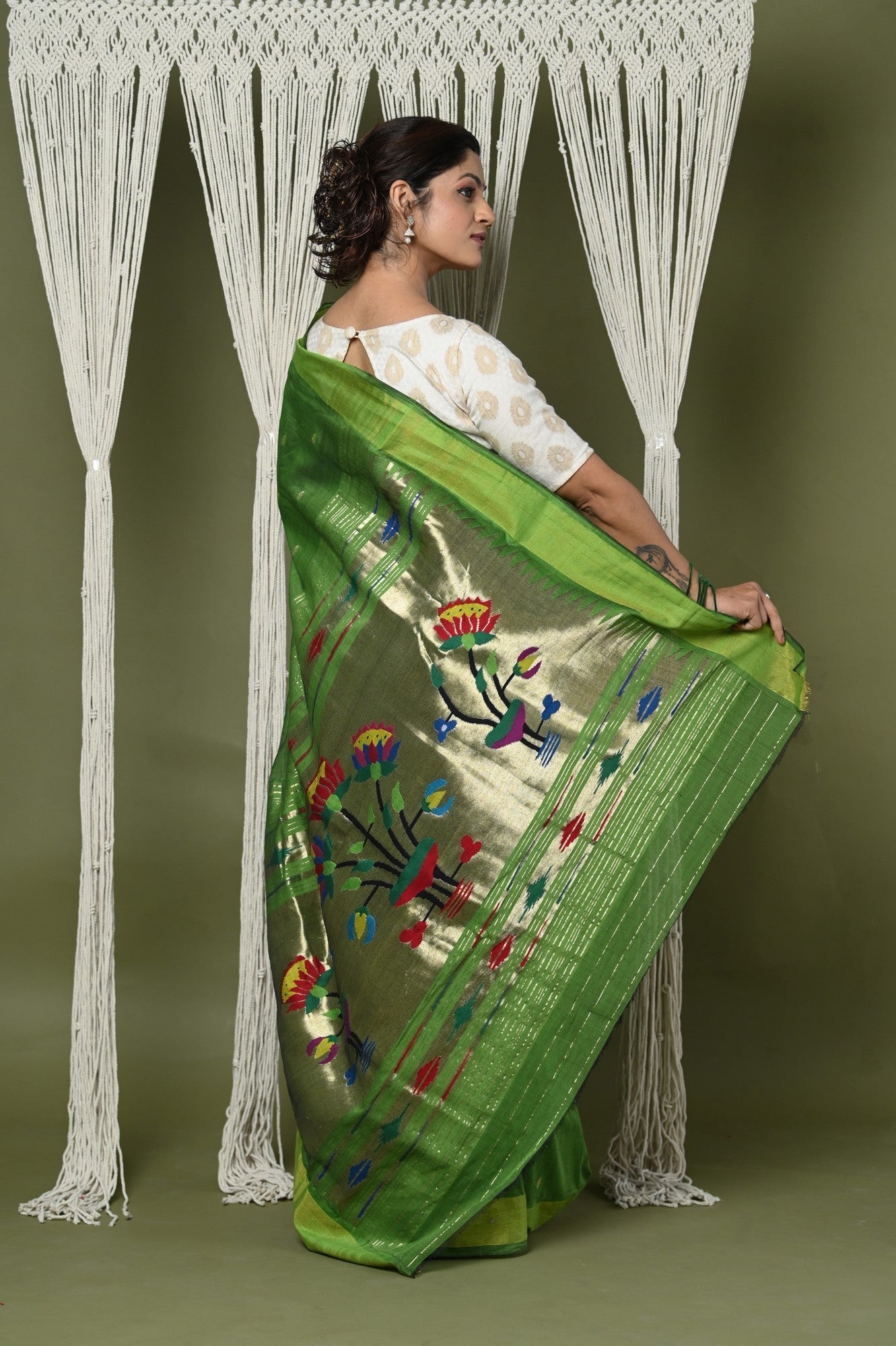 Very Much Indian EXCLUSIVE! Handloom Pure Cotton Paithani With Peacock Pallu - Blade Green