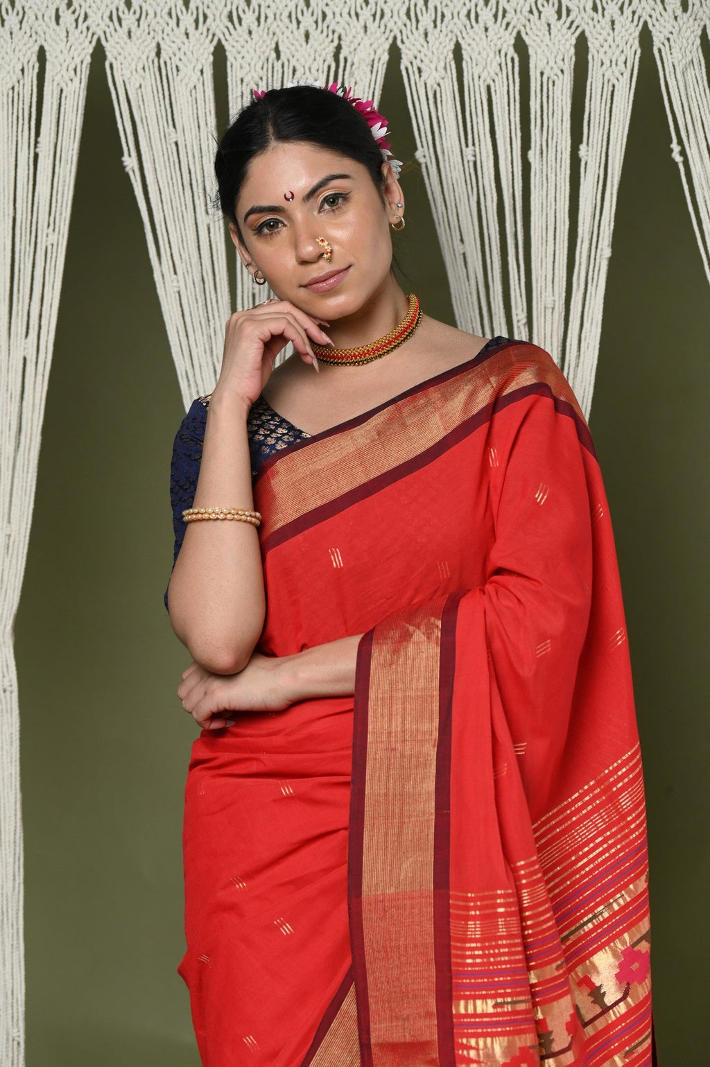 Very Much Indian EXCLUSIVE! Handloom Pure Cotton Paithani With Asawali Pallu - Bright Red