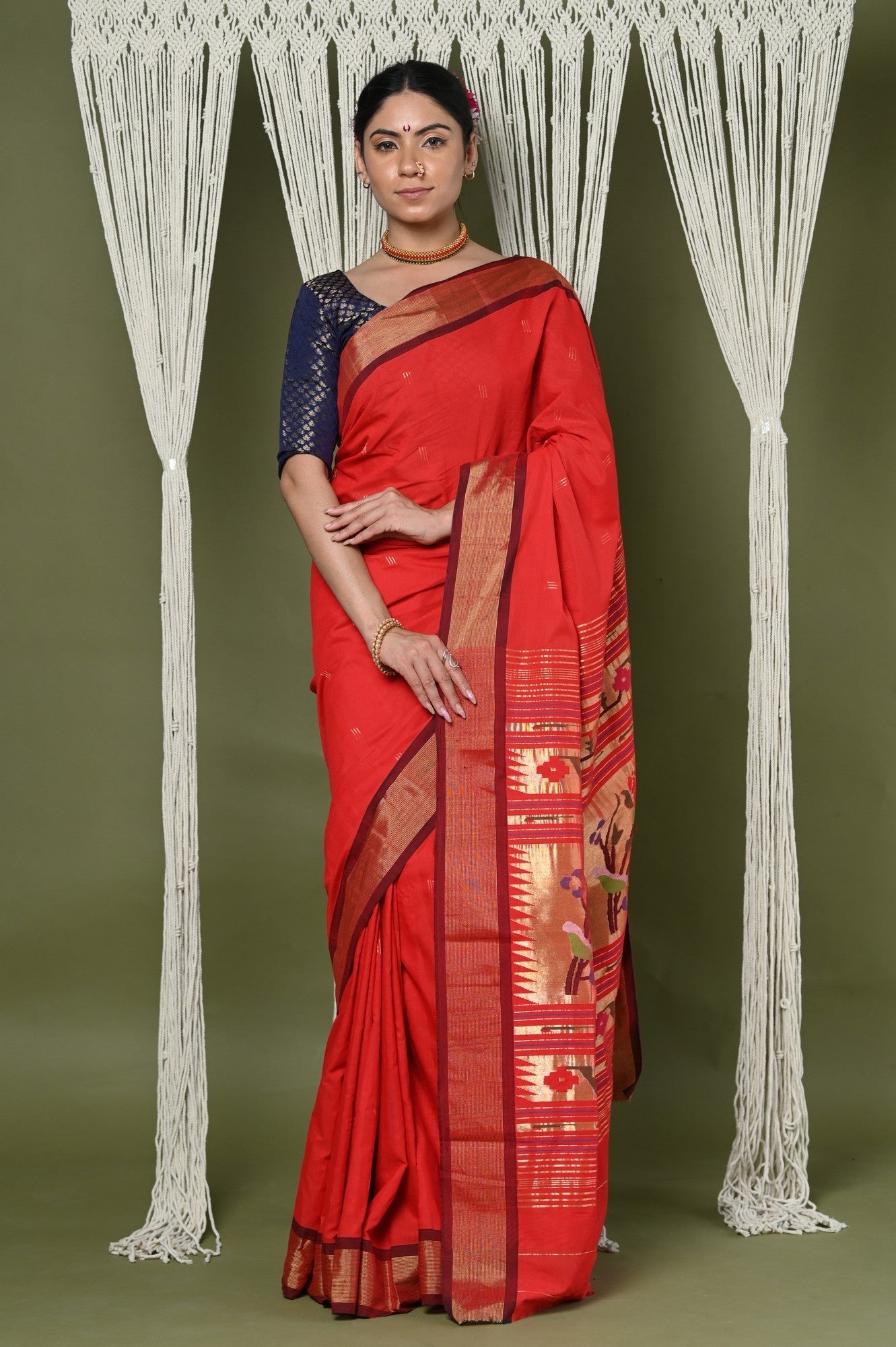 Very Much Indian EXCLUSIVE! Handloom Pure Cotton Paithani With Asawali Pallu - Bright Red