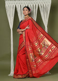 Very Much Indian EXCLUSIVE! Handloom Pure Cotton Paithani With Asawali Pallu - Bright Red