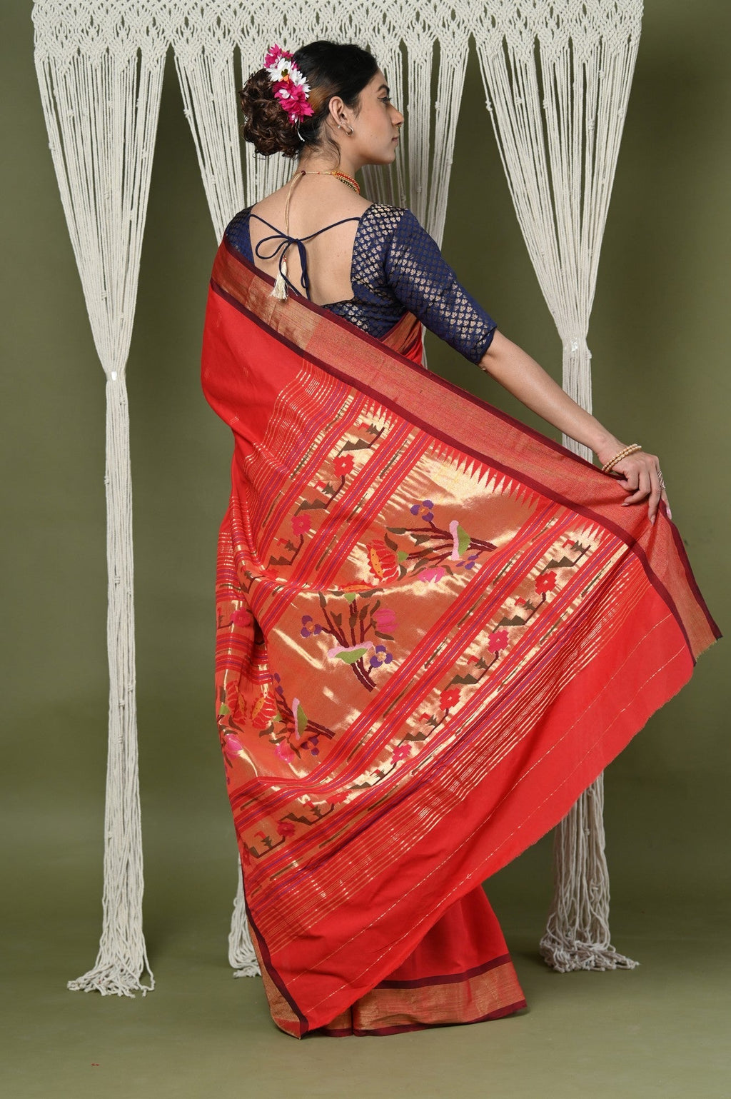 Very Much Indian EXCLUSIVE! Handloom Pure Cotton Paithani With Asawali Pallu - Bright Red