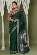 Very Much Indian EXCLUSIVE! Silver Zari Handloom Pure Cotton Paithani With Parrot Pallu - Forest Green