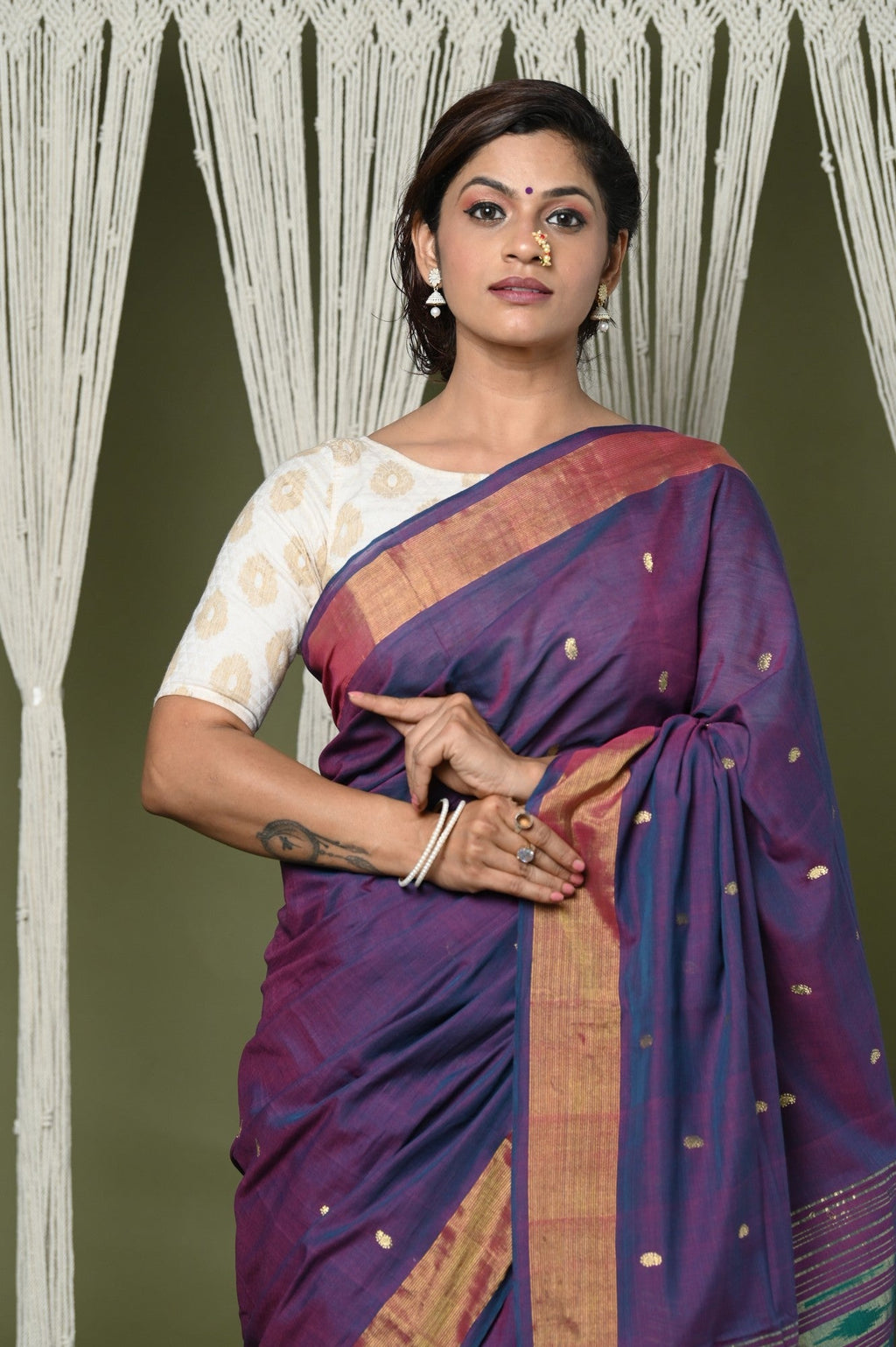 Very Much Indian EXCLUSIVE! Handloom Pure Cotton Paithani With Lotus Pallu - Dark Violet