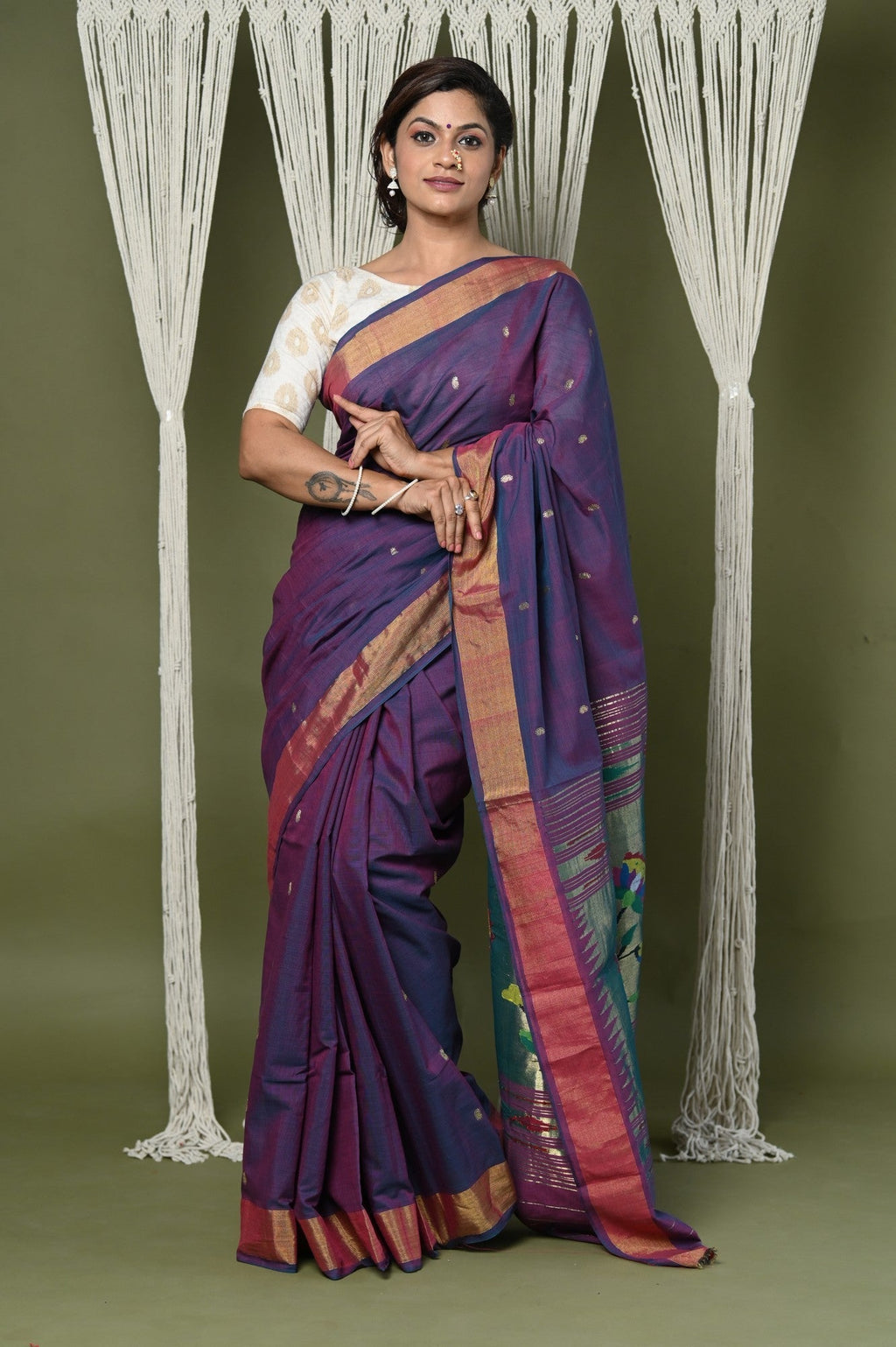 Very Much Indian EXCLUSIVE! Handloom Pure Cotton Paithani With Lotus Pallu - Dark Violet