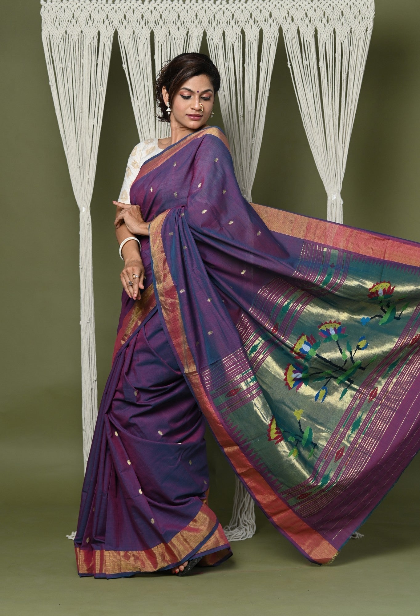 Very Much Indian EXCLUSIVE! Handloom Pure Cotton Paithani With Lotus Pallu - Dark Violet