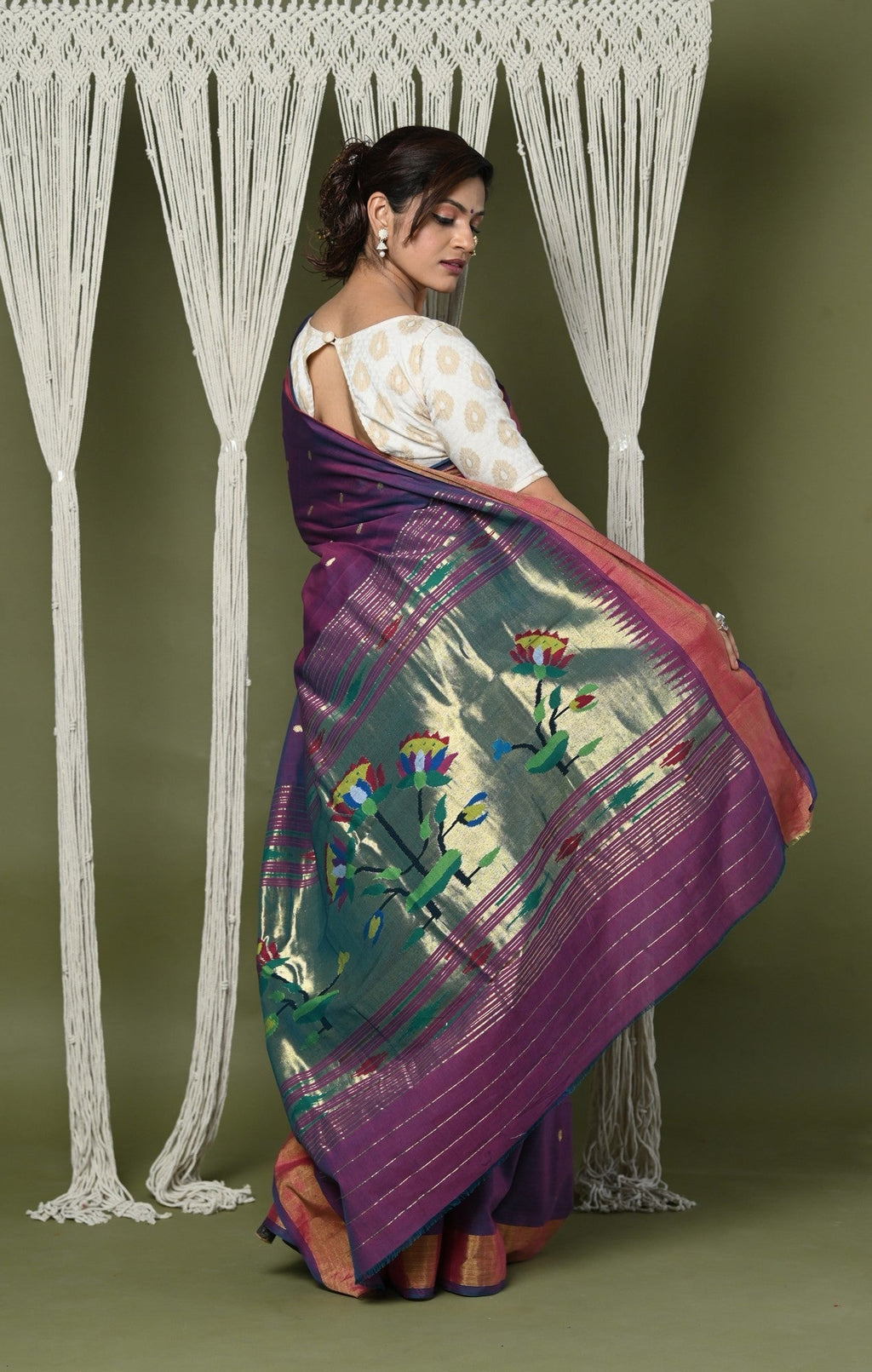 Very Much Indian EXCLUSIVE! Handloom Pure Cotton Paithani With Lotus Pallu - Dark Violet