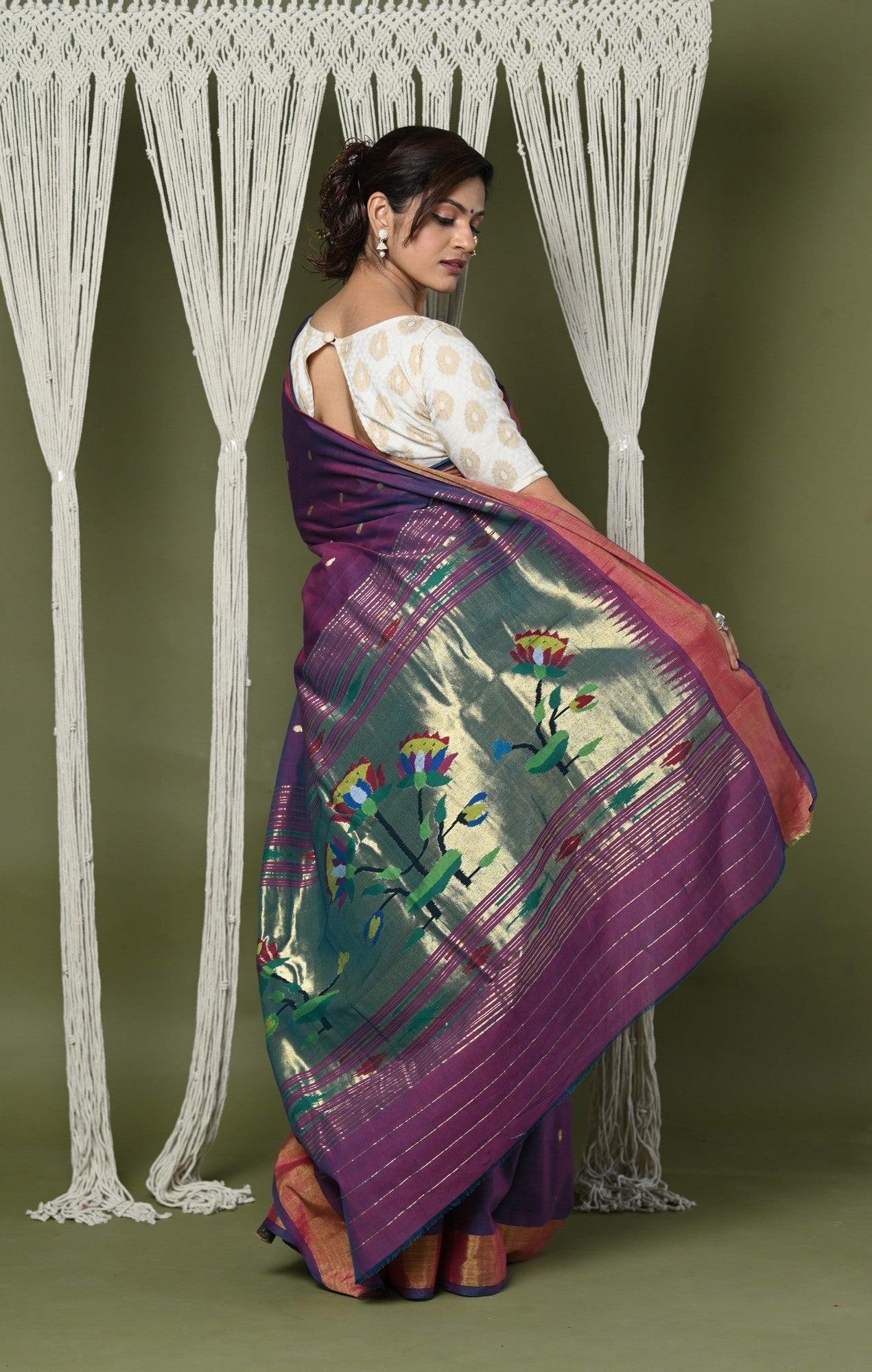 Very Much Indian EXCLUSIVE! Handloom Pure Cotton Paithani With Lotus Pallu - Dark Violet