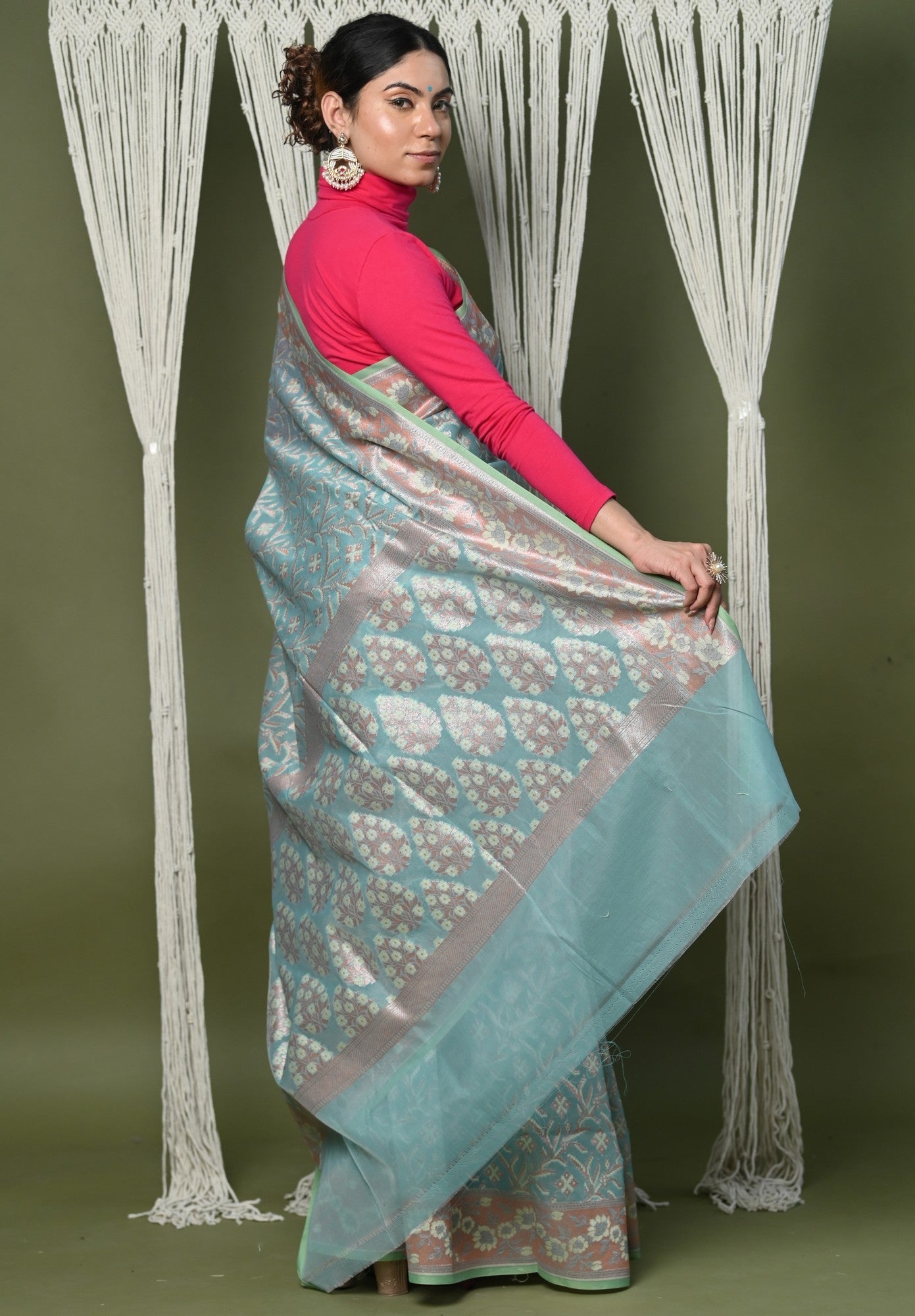 Very Much Indian Exclusive High Quality Handloom Banarasi Cotton Saree with Beautiful Abstract Print.