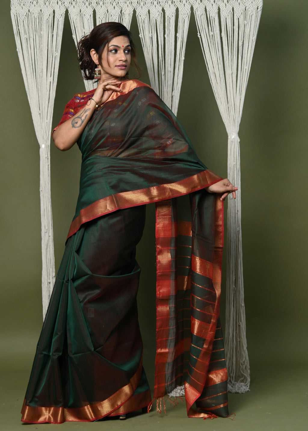 Very Much Indian Handloom Cotton Silk Saree With Sleek Golden Border - dark green