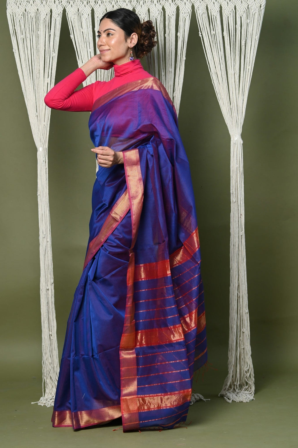 Very Much Indian Handloom Cotton Silk Saree With Sleek Golden Border - dark blue