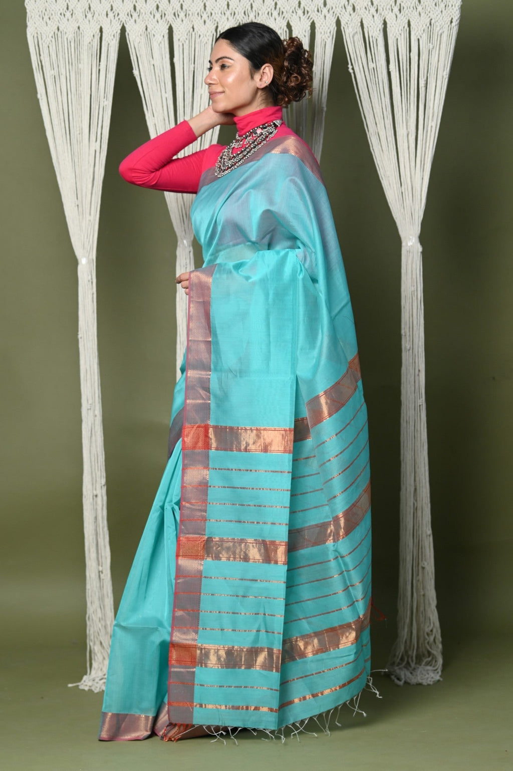 Very Much Indian Handloom Cotton Silk Saree With Sleek Golden Border - sky blue