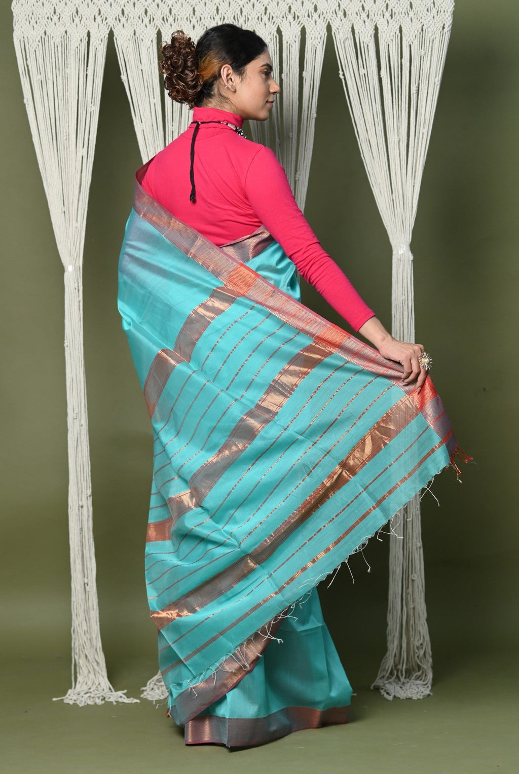 Very Much Indian Handloom Cotton Silk Saree With Sleek Golden Border - sky blue