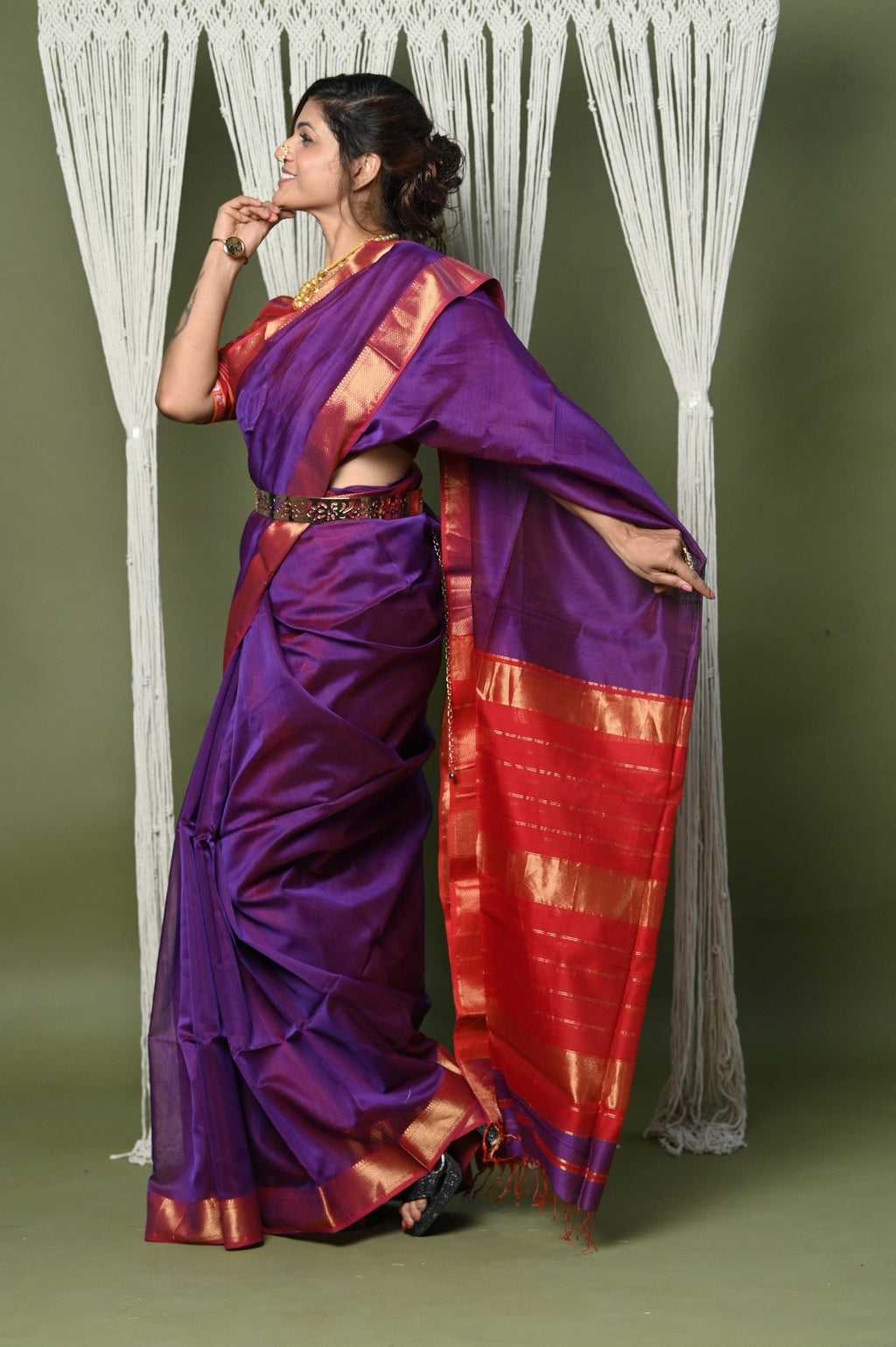 Very Much Indian Handloom Cotton Silk Saree With Sleek Golden Border - purple