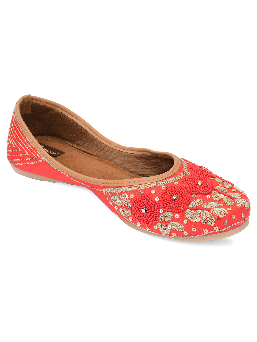 Desi Colour Women Indian Ethnic Footwear-Red Pearl Flower