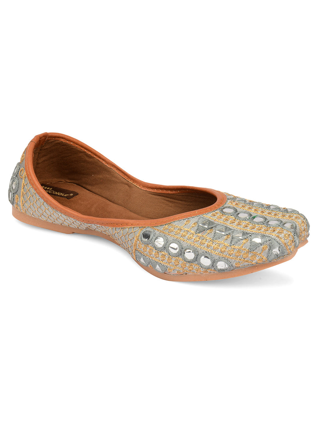 Desi Colour Women Indian Ethnic Footwear-Mini Dabka-Grey Mirror Lines