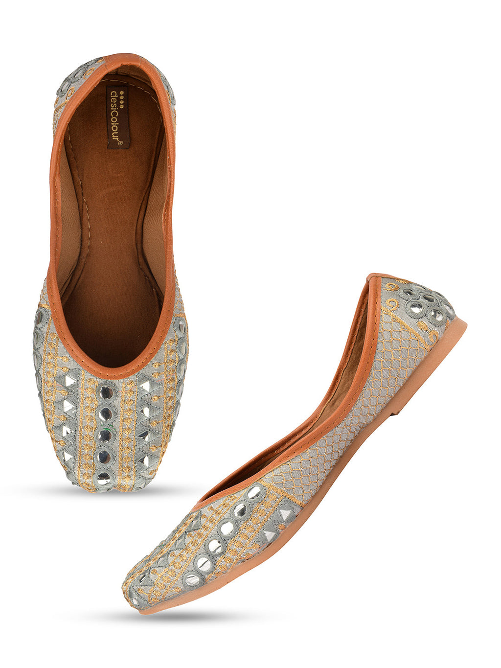 Desi Colour Women Indian Ethnic Footwear-Mini Dabka-Grey Mirror Lines