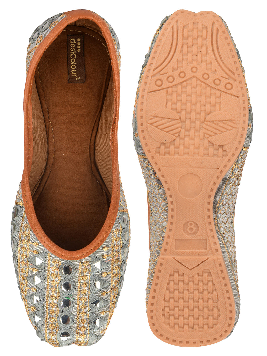 Desi Colour Women Indian Ethnic Footwear-Mini Dabka-Grey Mirror Lines