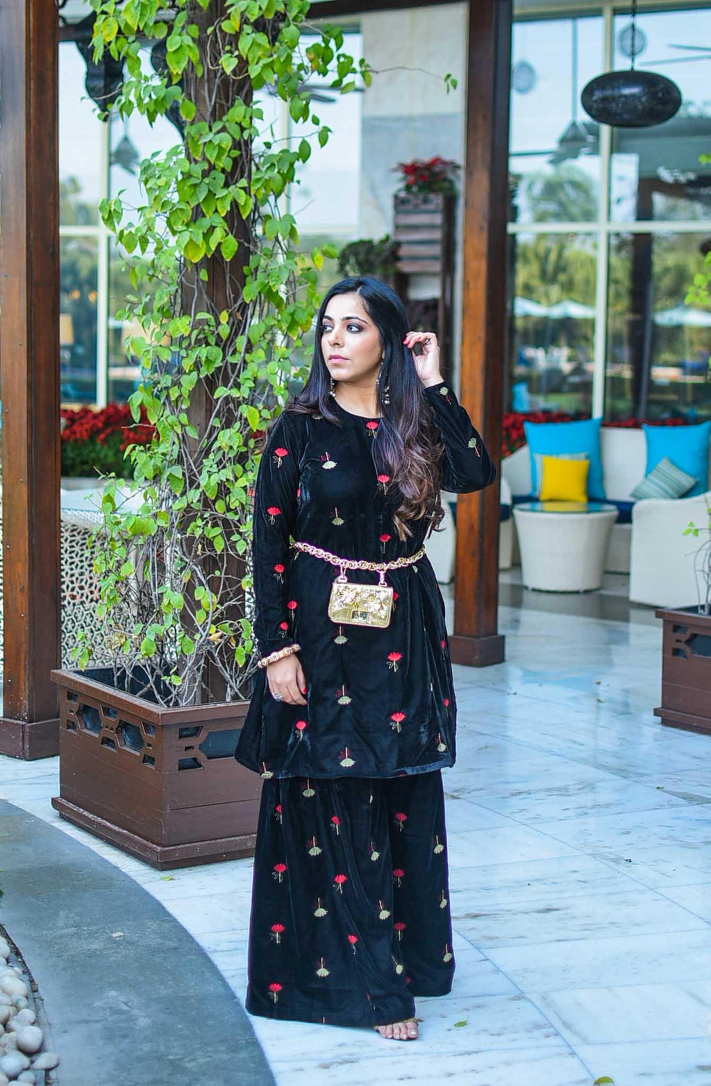 trueBrowns Black Velvet Embroidered Kurta Sharara Set
