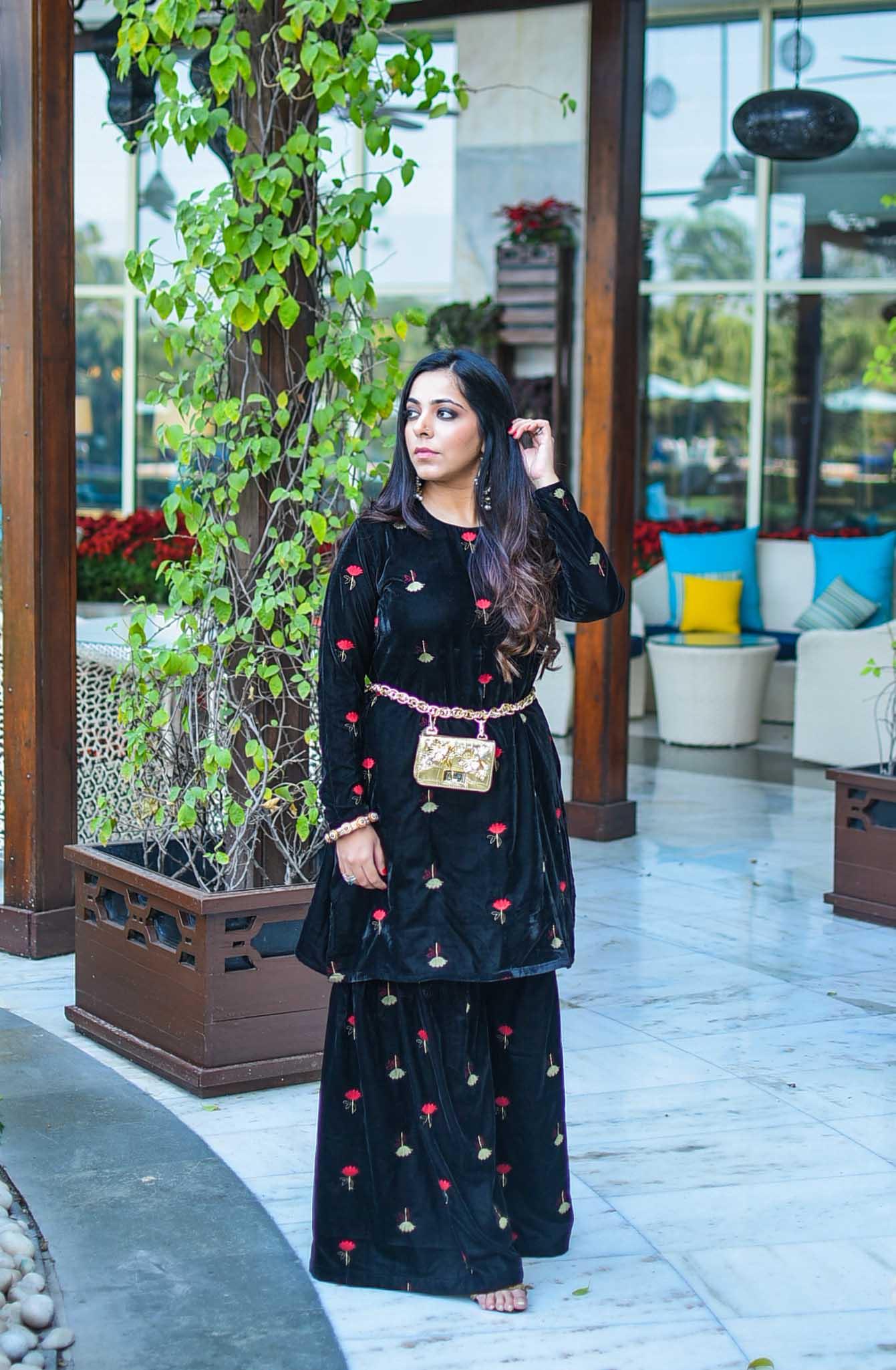 trueBrowns Black Velvet Embroidered Kurta Sharara Set