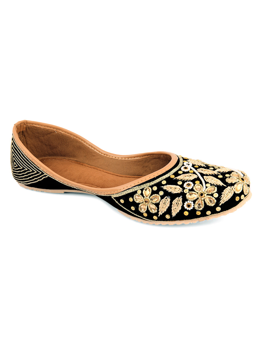 Desi Colour Women Indian Ethnic Footwear-Black Stones Flower