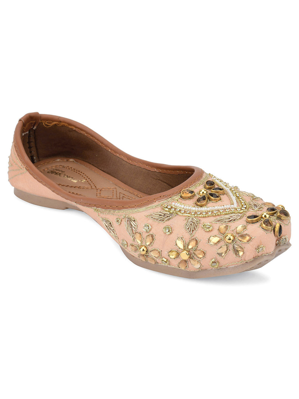 Desi Colour Women Indian Ethnic Footwear-Peach Dabka Stone