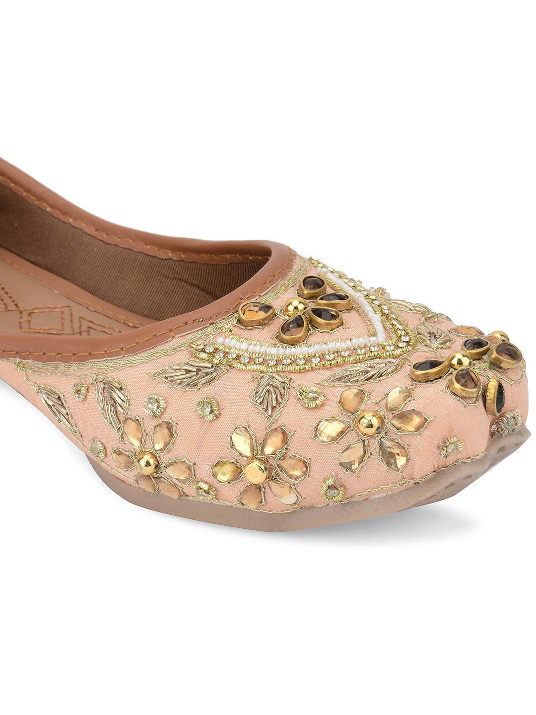 Desi Colour Women Indian Ethnic Footwear-Peach Dabka Stone