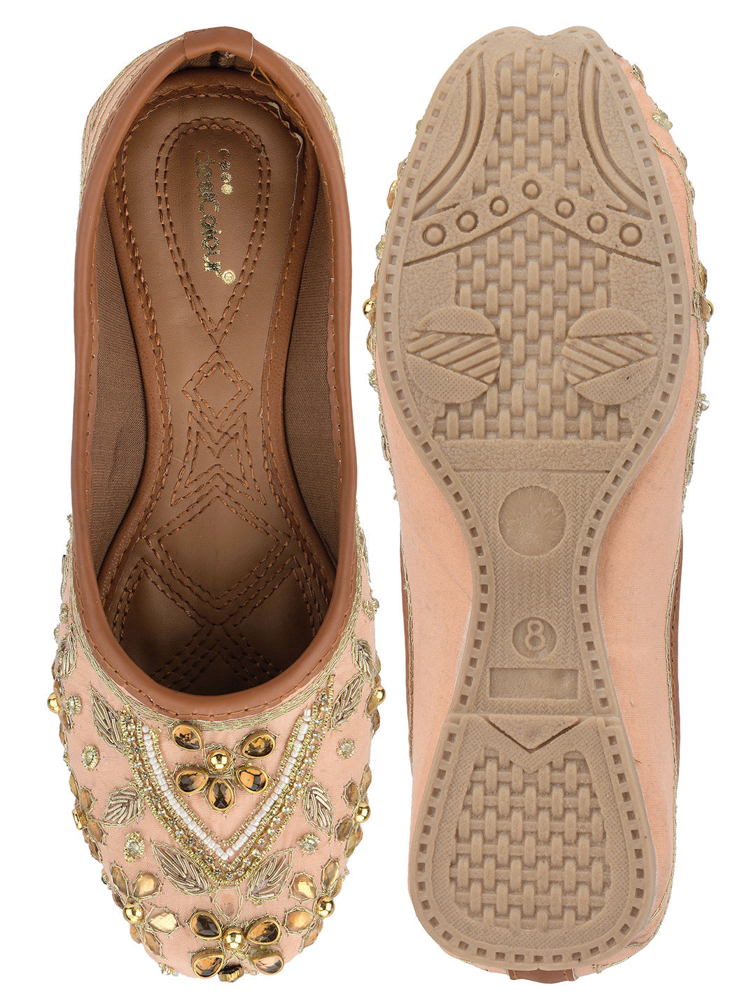 Desi Colour Women Indian Ethnic Footwear-Peach Dabka Stone
