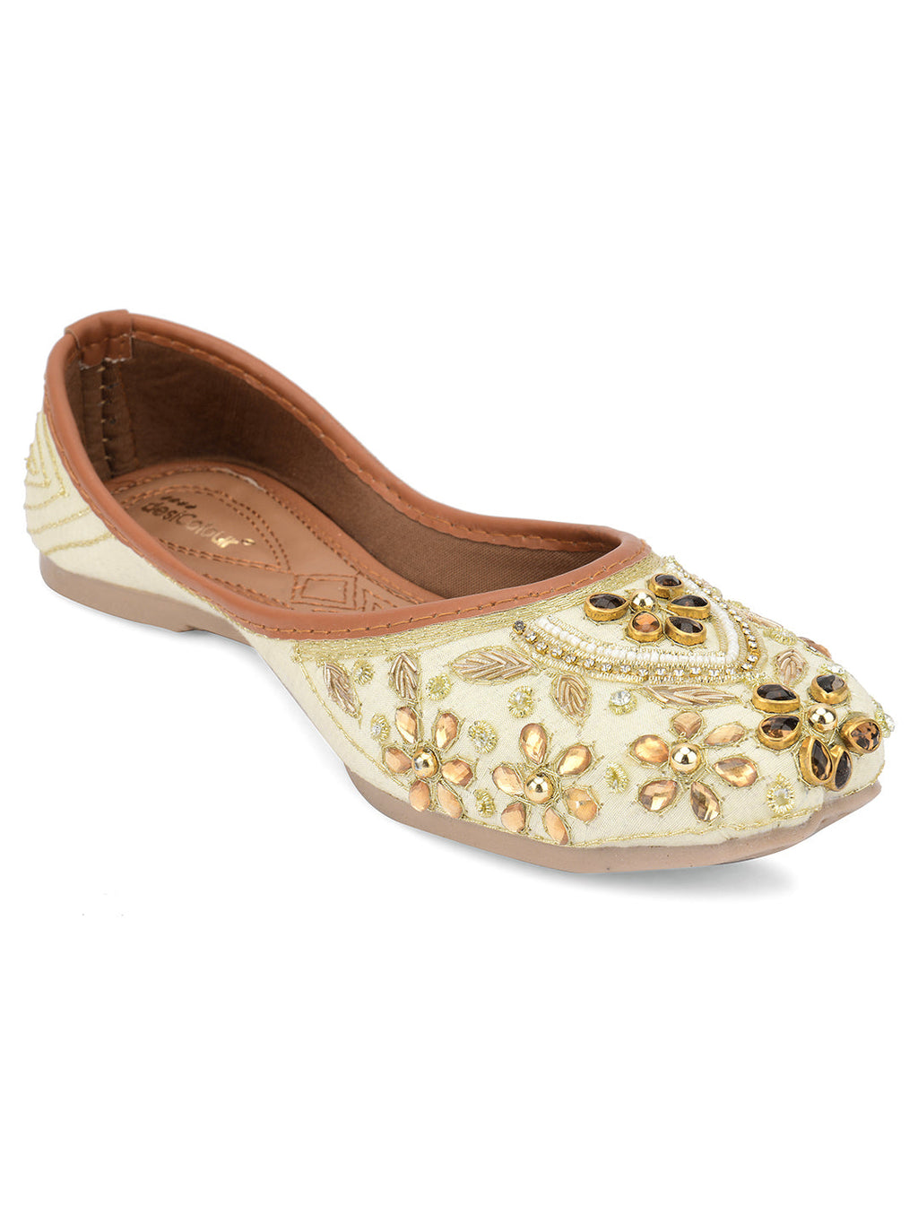 Desi Colour Women Indian Ethnic Footwear-Off White Dabka Stone