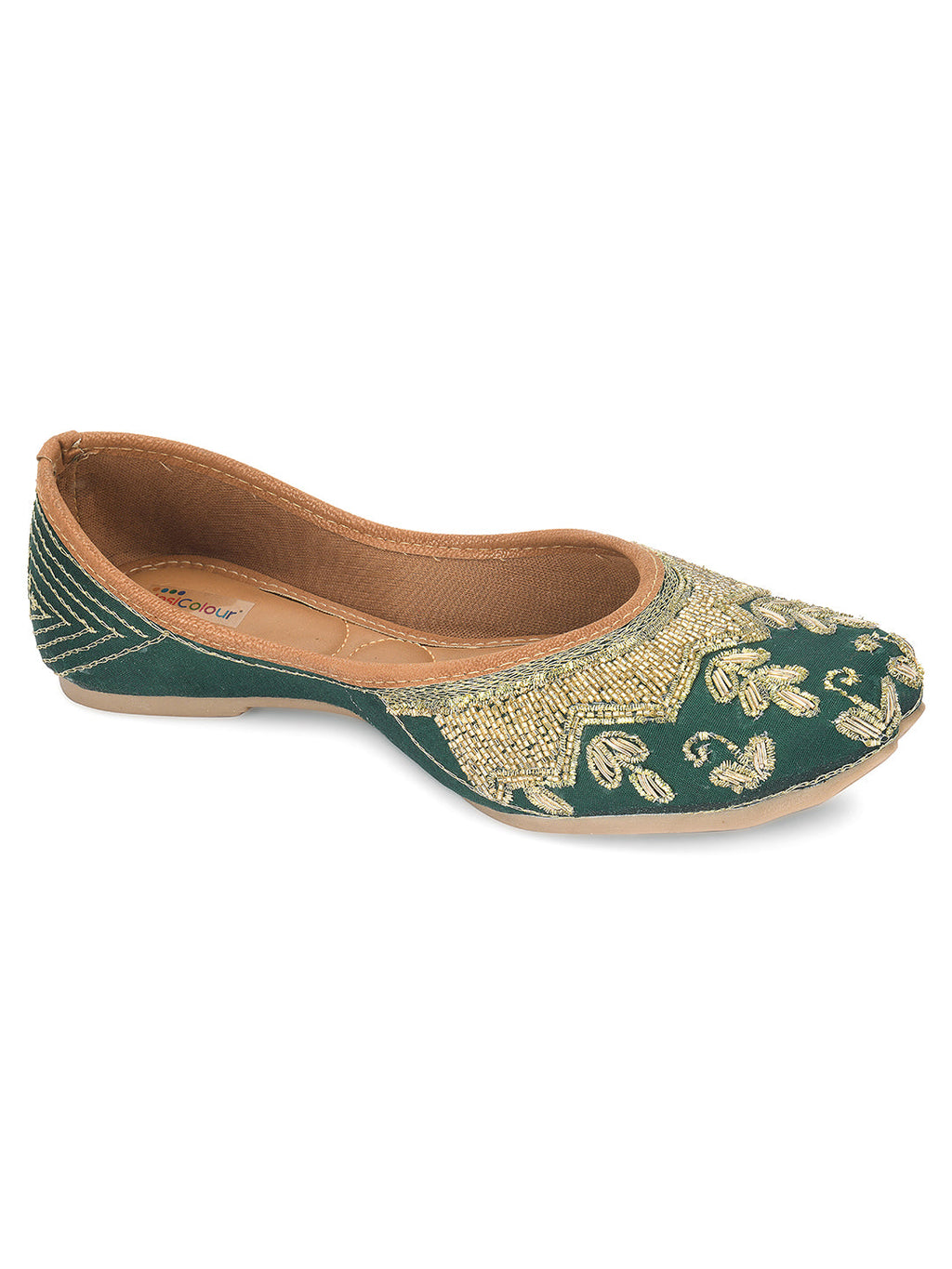 Desi Colour Women Indian Ethnic Footwear-Party Wear Green Dabka Work