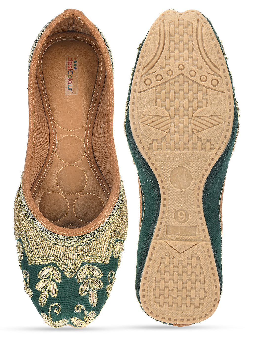 Desi Colour Women Indian Ethnic Footwear-Party Wear Green Dabka Work