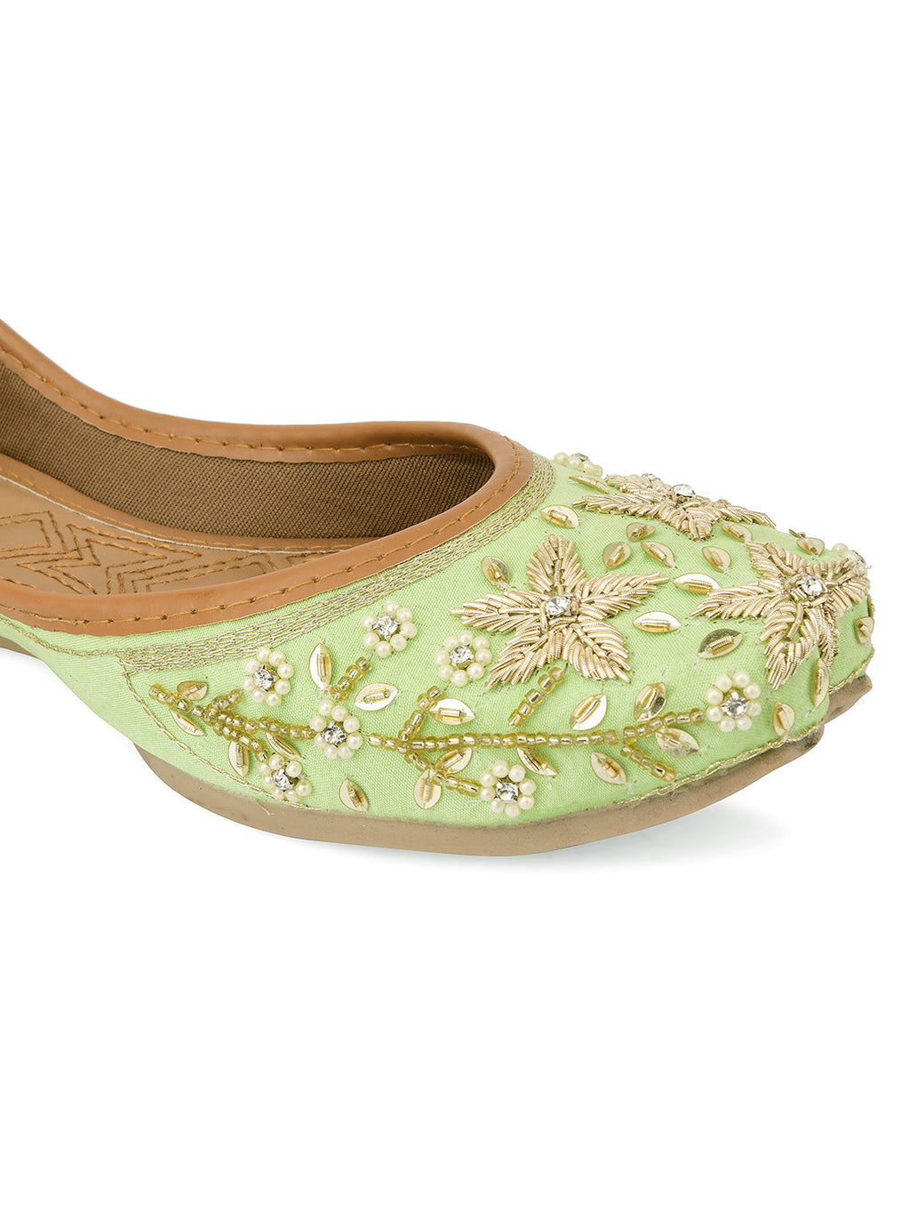 Desi Colour Women Indian Ethnic Footwear-Sea Green Dabka Flower