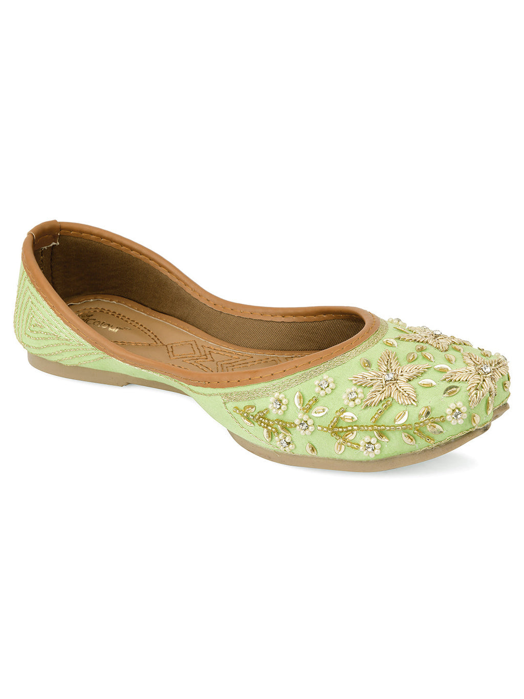 Desi Colour Women Indian Ethnic Footwear-Sea Green Dabka Flower